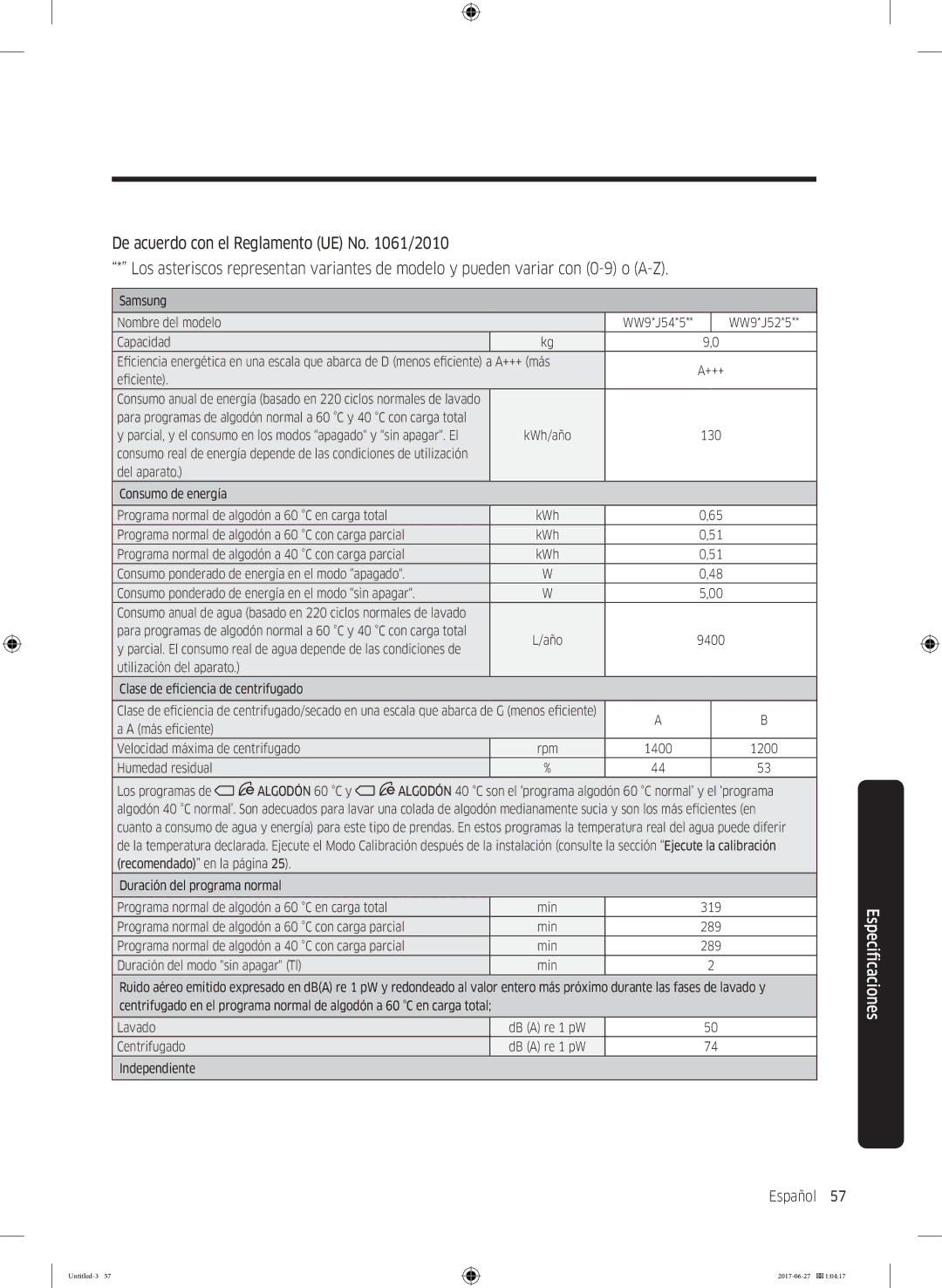 Samsung WW80J5555DW/EC, WW90J5355FW/EC, WW80J5355DW/EP, WW80J5355DW/EC, WW80J5355MW/EC, WW80J5355MW/EP manual Español 57  